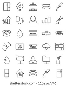 thin line vector icon set - water drop vector, welcome mat, sprayer, percent growth, consolidated cargo, sorting, classic phone, dropper, broken bone, counter, network folder, lan connector, bench