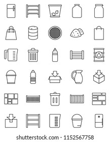 thin line vector icon set - bucket vector, trash bin, garbage pile, measuring cup, jug, sieve, jar, water bottle, sea container, wood box, consolidated cargo, package, oil barrel, shelving, fridge