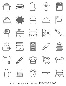 thin line vector icon set - pan vector, cook hat, apron, glove, timer, spatula, knife, grater, oven, double boiler, cookbook, sieve, dish, mixer, toaster