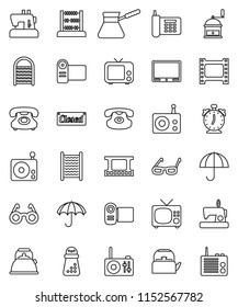 thin line vector icon set - washboard vector, kettle, hand mill, turk coffee, glasses, alarm clock, abacus, phone, umbrella, film frame, radio, tv, classic, closed, video camera, sewing machine