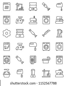 thin line vector icon set - washer vector, washing powder, mixer, double boiler, blender, tomography, gear, construction crane, card reader, dishwasher, coffee maker, meat grinder, sewing machine