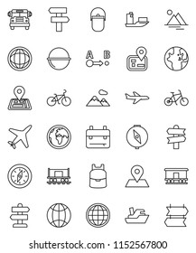 thin line vector icon set - camping cauldron vector, backpack, compass, school bus, world, bike, signpost, navigator, earth, map pin, Railway carriage, plane, ship, route, globe, mountain