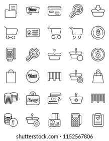 thin line vector icon set - dollar coin vector, cart, credit card, stack, receipt, estate document, search, new, shopping bag, buy, barcode, reader, basket, list