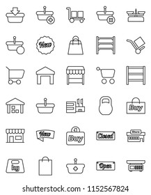 thin line vector icon set - cargo vector, warehouse, weight, shelving, new, open, closed, shopping bag, market, store, mall, buy, basket, cart, scales
