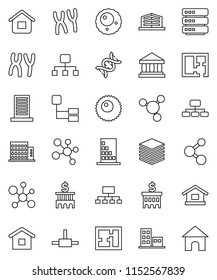 thin line vector icon set - molecule vector, bank, building, hierarchy, dna, chromosomes, ovule, connect, big data, plan, apartments, office, home