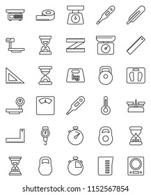 thin line vector icon set - measuring cup vector, scales, corner ruler, sand clock, stopwatch, weight, big, thermometer, store, kitchen
