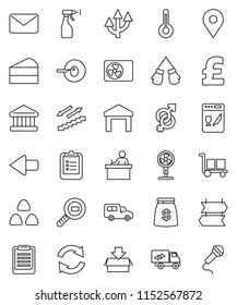 thin line vector icon set - sprayer vector, cereal, cake, student, clipboard, bank, pound, boxing glove, stairways run, map pin, car, cargo, warehouse, search, thermometer, gender sign, insemination
