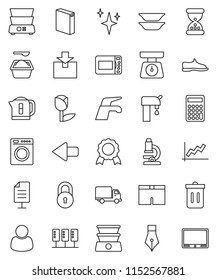 thin line vector icon set - water tap vector, trash bin, shining, washing powder, scales, double boiler, plates, pen, microscope, medal, graph, calculator, snickers, shorts, delivery, tulip, package