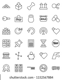 thin line vector icon set - water tap vector, fetlock, calculator, paper pin, medal, constellation, piggy bank, gold ingot, pills, no smoking, heart cross, bone, office, top sign, package, weight