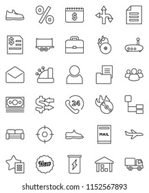 thin line vector icon set - case vector, document, exchange, annual report, dollar calendar, snickers, enegry drink, route, plane, money, phone 24, truck trailer, warehouse, music hit, group, mail