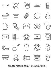 thin line vector icon set - water drop vector, closet, cleaner woman, cook glove, turk coffee, leaf, skateboard, sports nutrition, bottle, plane, port, dry cargo, video camera, notebook pc, hdmi