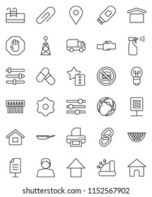 thin line vector icon set - sprayer vector, pan, colander, arrow up, pills, no fastfood, map pin, support, dry cargo, antenna, link, connection, gear, equalizer, hub, usb modem, lan connector, stop