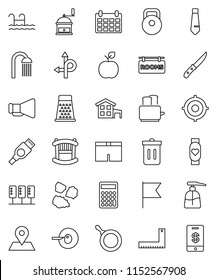 thin line vector icon set - trash bin vector, liquid soap, shower, garbage pile, pan, knife, hand mill, grater, toaster, corner ruler, apple fruit, flag, calculator, target, tie, calendar, weight