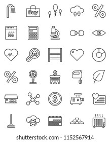 thin line vector icon set - mop vector, mixer, microscope, calculator, leaf, dollar coin, pie graph, bank building, gold ingot, heart pulse, monitor, calendar, shelving, eye, hospital, sperm, bath