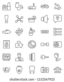 thin line vector icon set - traking vector, receipt, tulip, speaker, tv, hdmi, doctor, pills, tomography, potion, drop counter, tooth, network, menu, hub, router, lan connector, route arrow, key