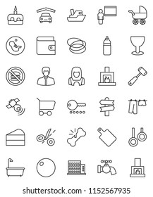 thin line vector icon set - water tap vector, bath, drying clothes, cleaner woman, meat hammer, cutting board, cake, blackboard, wallet, manager, fitball, bottle, no fastfood, hoop, gymnast rings