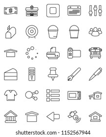 thin line vector icon set - bucket vector, microwave oven, cake, pen, university, school bus, target, calendar, dry cargo, satellitie, settings, social media, group, thumbtack, stop button, arrow