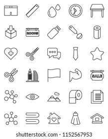 thin line vector icon set - towel vector, toilet paper, ladle, ruler, scissors, molecule, flag, tie, muscule hand, shorts, heart cross, clock, document, package, dialog, eye, blood drop, mountain