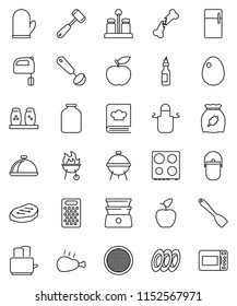 thin line vector icon set - camping cauldron vector, apron, cook glove, spatula, ladle, meat hammer, grater, mixer, toaster, oven, double boiler, cookbook, spices, bbq, plates, sieve, dish, jar, egg