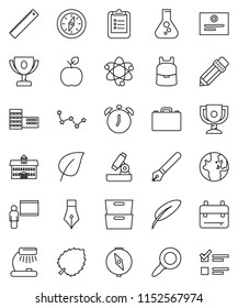 thin line vector icon set - pen vector, university, pencil, school building, blackboard, ruler, case, backpack, apple fruit, atom, microscope, table lamp, alarm clock, clipboard, compass, award cup