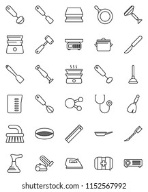 thin line vector icon set - plunger vector, scraper, broom, fetlock, sponge, car, iron, pan, measuring cup, whisk, spatula, ladle, meat hammer, double boiler, sieve, ruler, first aid kit, scalpel