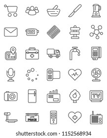 thin line vector icon set - signpost vector, navigator, big scales, tv, video camera, microphone, social media, group, doctor bag, heart pulse, cross, scalpel, pills blister, mortar, loading, cart