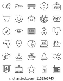 thin line vector icon set - cake vector, bell, schedule, compass, pie graph, cart, laptop, dollar flag, phone, protected, social media, finger down, favorites, network, cloud glass, gear, share, key