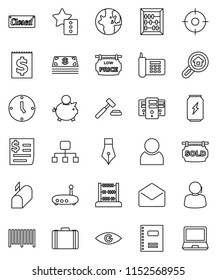 thin line vector icon set - copybook vector, pen, abacus, world, piggy bank, case, auction, clock, enegry drink, phone, support, receipt, mail, eye, server, router, favorites, hierarchy, user, cash