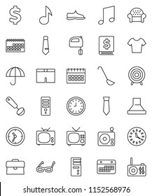 thin line vector icon set - ladle vector, mixer, glasses, music, case, annual report, clock, tie, calendar, dollar sign, snickers, shorts, t shirt, target, umbrella, radio, cushioned furniture, tv
