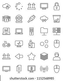 thin line vector icon set - trash bin vector, student, notebook pc, laptop graph, monitor dollar, support, top sign, gamepad, favorites, hdmi, diagnostic, network folder, server, cloud lock, share