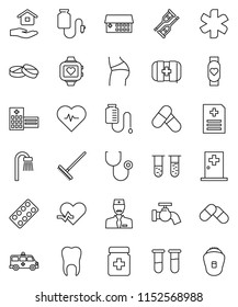 thin line vector icon set - rake vector, water tap, house hold, heart pulse, buttocks, pills, monitor, first aid kit, ambulance star, vial, crutches, stethoscope, bottle, blister, anamnesis, tooth