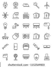 thin line vector icon set - vacuum cleaner vector, kettle, mixer, blender, table lamp, rca, windmill, air conditioner, ari condition, fridge, power plug, iron, multi cooker, epilator, fan, heater