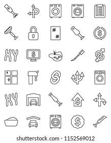 thin line vector icon set - scraper vector, car fetlock, window cleaning, washer, foam basin, shining, blender, exchange, dollar growth, medal, monitor, route, gender sign, chromosomes, chain, arrow