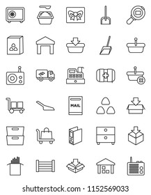 thin line vector icon set - scoop vector, washing powder, cereal, pasta, archive, binder, safe, first aid kit, wood box, cargo, warehouse, package, search, radio, mailbox, relocation truck, gift