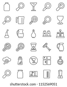 thin line vector icon set - scraper vector, shining window, oil, measuring cup, hand mill, spices, jug, jar, magnifier, no alcohol sign, glass, cargo search, flask, sand clock, cloud, estate, client
