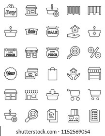 thin line vector icon set - house hold vector, cart, credit card, office, cargo search, estate document, sale signboard, low price, new, shopping bag, percent, market, store, buy, barcode, basket