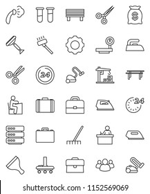 thin line vector icon set - scraper vector, vacuum cleaner, rake, iron, steaming, student, case, horizontal bar, big scales, group, vial, scissors, data, gear, bench, construction crane, money bag