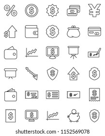 thin line vector icon set - presentation vector, dollar coin, graph, wallet, crisis, piggy bank, growth, check, receipt, board, medal, shield, monitor, yen sign, credit card, percent