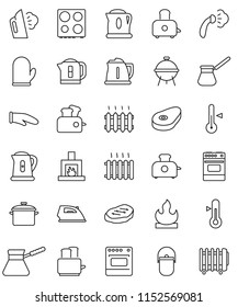 thin line vector icon set - iron vector, steaming, pan, camping cauldron, kettle, cook glove, turk coffee, toaster, oven, thermometer, bbq, steak, flammable, fireplace, heating, heater