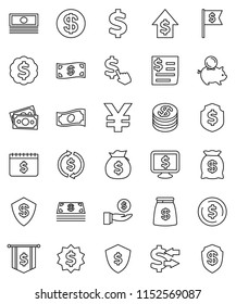 thin line vector icon set - exchange vector, dollar coin, cash, money bag, piggy bank, investment, growth, medal, flag, shield, calendar, monitor, cursor, yen sign, receipt