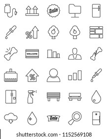 thin line vector icon set - water drop vector, welcome mat, sprayer, percent growth, consolidated cargo, top sign, sorting, magnifier, dropper, broken bone, counter, network folder, lan connector