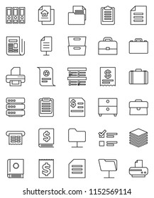 thin line vector icon set - case vector, clipboard, certificate, document, archive, exam, annual report, binder, receipt, newspaper, network folder, big data, estate, catalog, printer