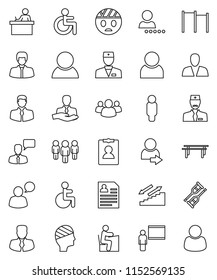 thin line vector icon set - blackboard vector, student, manager, man, personal information, horizontal bar, stairways run, client, speaking, group, disabled, doctor, crutches, head bandage, user