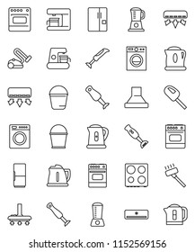 thin line vector icon set - vacuum cleaner vector, bucket, kettle, oven, blender, air conditioner, fridge, washer, coffee maker, hood