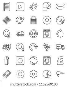thin line vector icon set - washboard vector, toilet paper, plates, pie graph, pound, oxygen, disk, play button, rec, pills blister, gear, refresh, redo, loading, route arrow, relocation truck
