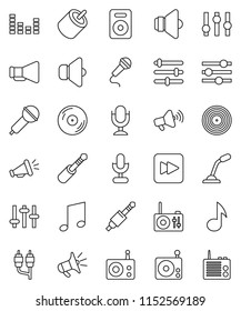 thin line vector icon set - music vector, disk, microphone, radio, speaker, loudspeaker, settings, equalizer, forward button, rca, jack