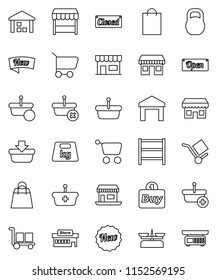 thin line vector icon set - office vector, cargo, warehouse, weight, shelving, new, open, closed, shopping bag, market, store, mall, buy, basket, cart, scales