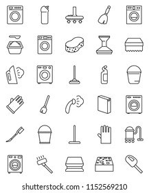 thin line vector icon set - broom vector, vacuum cleaner, mop, bucket, sponge, car fetlock, steaming, washer, washing powder, cleaning agent, rubber glove