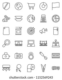 thin line vector icon set - clothespin vector, welcome mat, toilet paper, whisk, cutting board, grater, spices, plates, notebook pc, world, flag, magnifier, pie graph, cart, jump rope, earth, ovule
