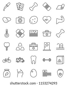 thin line vector icon set - cereal vector, egg, potato, barbell, heart pulse, bike, muscule hand, buttocks, fitness mat, breads, pool, first aid kit, bone, doctor bag, thermometer, dropper, patch